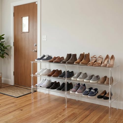 Image of 3-Tier Acrylic Shoe Shelf, Clear Acrylic Organizer, 42.5 inch L x 11.8 inch W, Each Tier Holds up to 6 Pairs of Heels, Sneakers, Flats, Ideal for Closet, Entryway, Bedroom, Easy Assembly