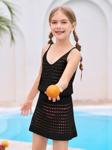 Image of Haloumoning Girls Sleeveless Crochet Swimsuit Cover Up Kids Summer Hollow Out Knitted Beach Dress 7-14 Years