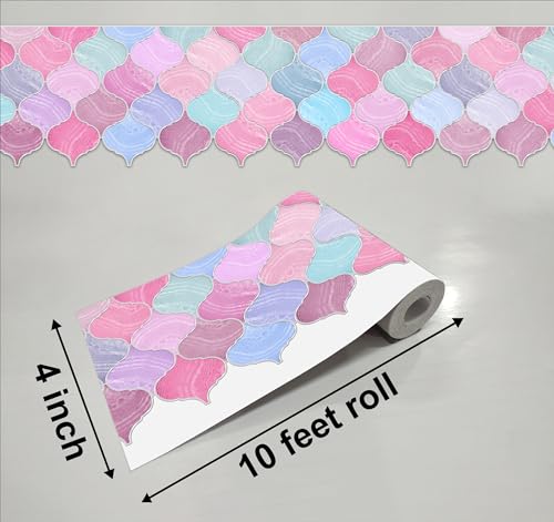 Image of WallDesign Mosaic Lantern Pink Violet Shades - 4 in X 10 Feet Self-Adhesive Wallpaper Border Sticker for Kitchen Backsplash, Furniture, Wall, Cupboard, Staircase