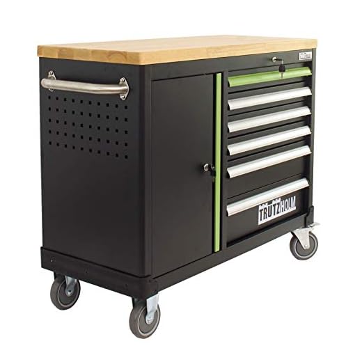 Werkstattwagen DELUXE 6 Schubladen + Tür bestückt Werkzeugwagen 130 tlg. Assistent | Arbeitsfläche 108x46,5cm Massivholz Gummibaum