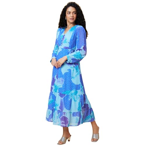 Image of Globus Women Pink Abstract Print V-Neck Casual Tie-Up Fit and Flare Tiered Maxi Dress-3639580001