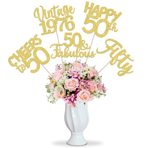Image of 15 PCS 50th Birthday Centerpiece Sticks Fifty Happy 50th Vintage 1976 Table Flower Centerpieces Sticks Cheers to 50 Fabulous Floral Decorations for 50th Birthday Party Centerpieces Supplies Gold