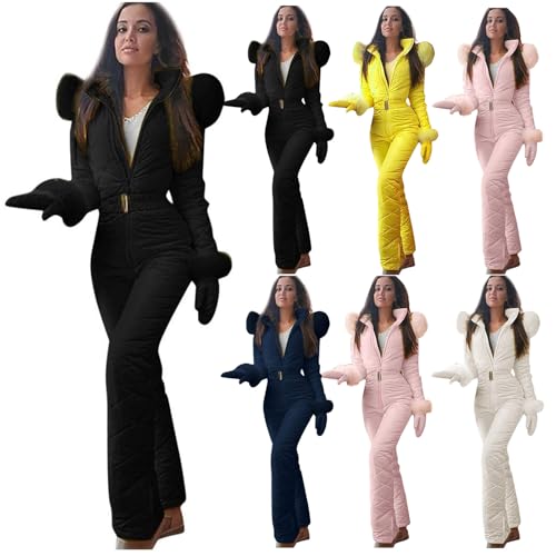 One-Piece Ski Suit Womens Winter Snow Jumpsuits Waterproof Snowsuit with Belts Gloves Set of Three & Faux Fur Hood
