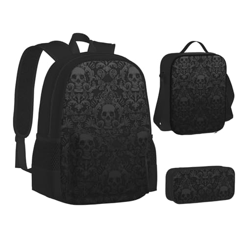 Sac à dos gothique tête de mort avec sac à déjeuner et trousse