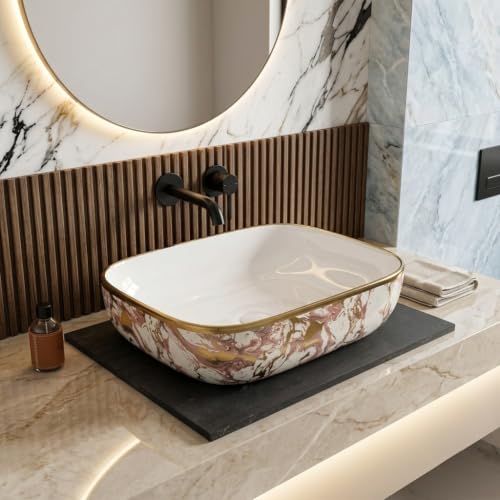 Image of Luxurious Golden Table Top for Bathroom /Ceramic Bathroom Wash Basin /Countertop Wash Basin /Vessel Sink (13x18 Inch)