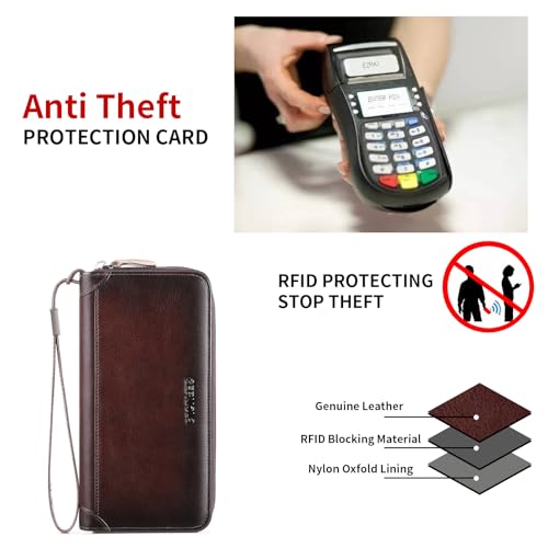 Men's Genuine Leather Zipper Wallet with RFID Blocking, Phone Pocket，Long Zipper Pouch Wallet, Large Clutch Cash Long Wallet with Zipper，Leather Wallets for Men for Checkbook, phone, Cash4