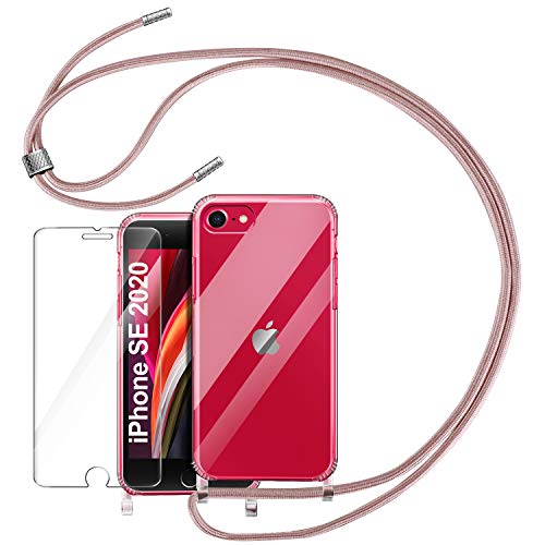 YIRSUR Funda con Cuerda para iPhone SE 2020,iPhone 7/8 + Cristal Templado Protector de Pantalla, Carcasa Transparente TPU Suave Silicon Colgante Ajustable Collar para iPhone SE 2020/7/8 - Oro Rosa