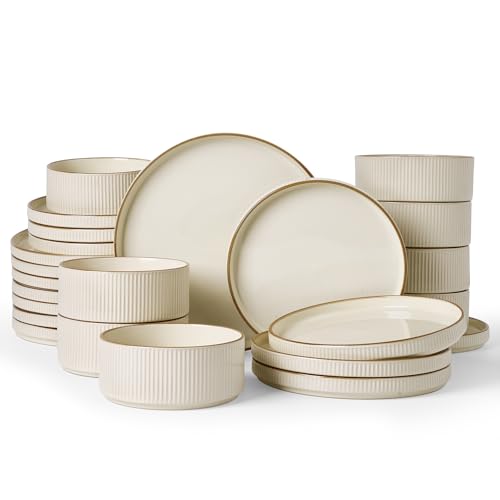 Image of Famiware Star 24-Piece Stoneware Dinnerware Sets with Trim, Service for 8 - Ceramic Plates and Bowls Set, Ribbed Dishes with High Edge, Chip & Scratch Resistant, Microwave & Dishwasher Safe, Cream