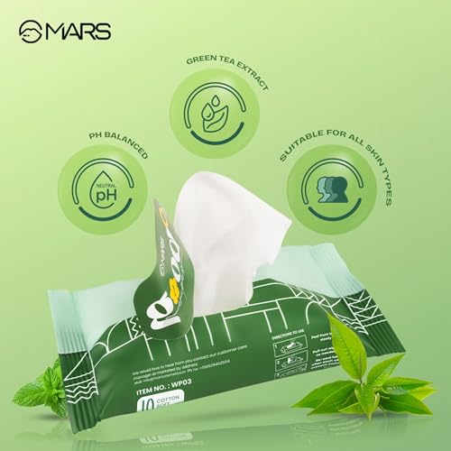 Image of MARS Good pH Balance Refreshing Wipes (10 Wipes) | Green Tea Extract | Hydrated & Glowing Skin On-The-Go | Removes Light Makeup | Skin Friendly