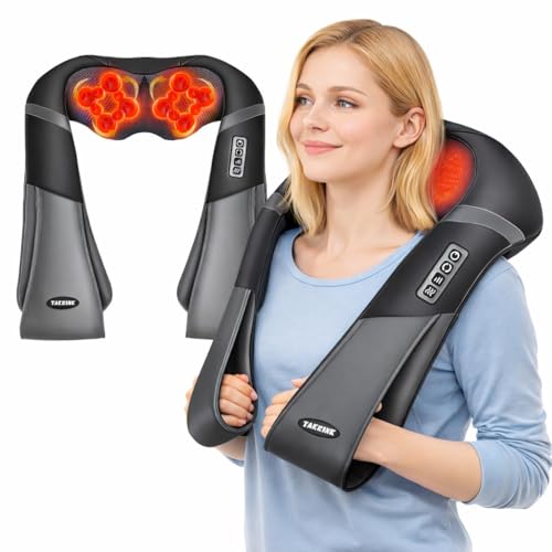 TAKRINK Masseur à Cou Épaule, Masseur cervical Shiatsu avec 18 Nœuds rouleaux de massage en 3D-Rotation, Direction et Vitesse Réglables, Matériaux cuir