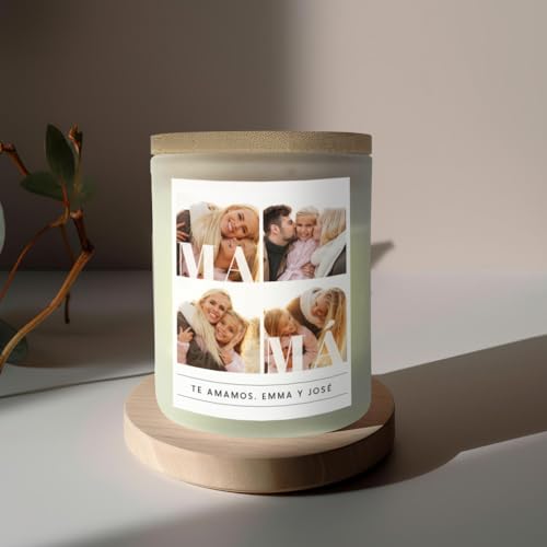 Vela Personalizada Transparente con Cuatro Fotos y Texto - Regalo para el Día de la Madre - Velas Aromáticas Originales para Mamá
