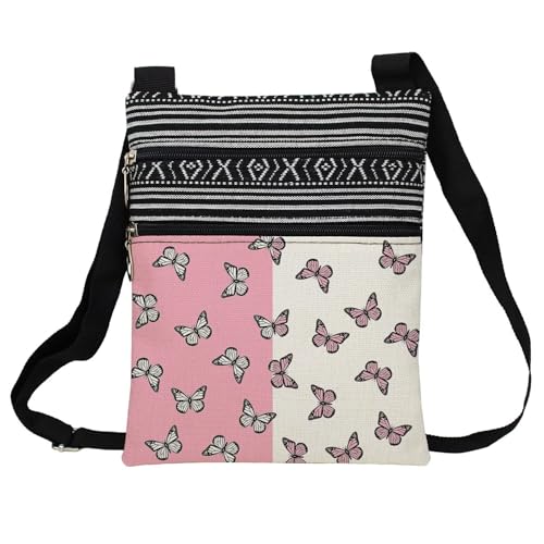 Pink Butterfly Messenger Bag Small Ethnic Pattern Printed Adjustable Strap Crossbody Zipper Bag Pink Butterfly Phone Bag Wallet Cute Shoulder Handbag for Women - 2
