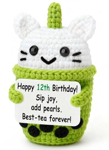12 Year Old Girl Birthday Gfts – Happy 12th Birthday Ideas Pun Card Handmade Crochet Matcha Boba Tea Plush, 12 YO Teen Girl Party Favor Decoratin, Daughter Granddaughter Niece Bestie Trendy Present