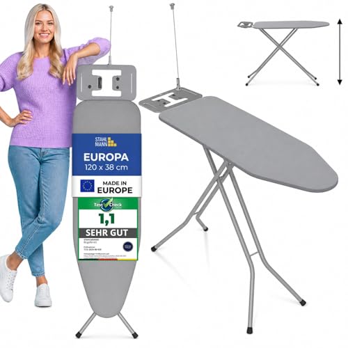 STAHLMANN Bügelbrett mit Steckdose [120x38 Bügelfäche ] grau mit rutschfesten Füßen robuster Bügeltisch extra stabiles Bügelbrett [Made IN Europe] Tischbügelbrett