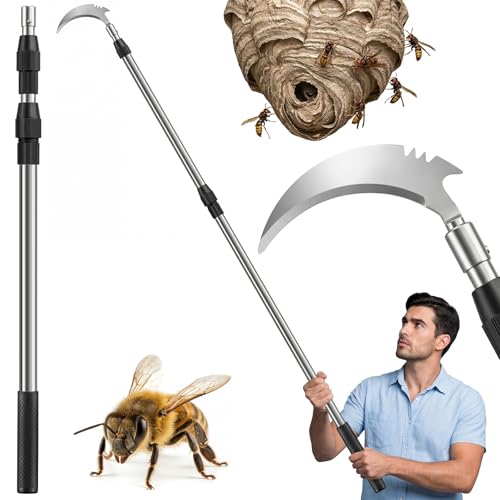 Gisafai Wasp Nest Removal Tool with Telescopic Stainless Steel Pole Heavy Duty Iron Scraper 118 Inch Extension for Bee Nest Cleaning Outdoor Control Accessories