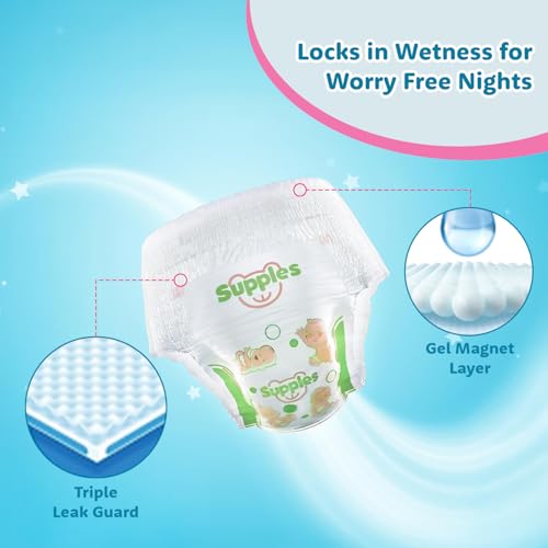 Image of Amazon Brand - Supples Premium Baby Diaper Pants | 54 Baby Diapers | XL | 12-17 Kg | 12 Hrs Absorption | Cushiony Cotton Soft Fabric | Phthalates-Free | Triple Leak Guard (Pack of 3)