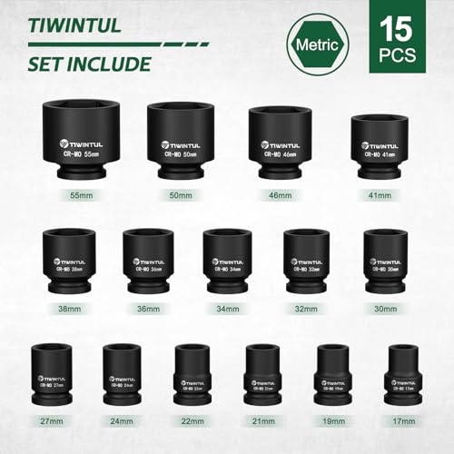Image of 3 /4 Inch Drive Impact Socket Set, 15 Pieces Metric 17-55 mm | Heavy Duty 6-Point CR-MO Steel Impact Sockets, Impact Socket Set for Auto, Truck and Large Machinery Maintenance