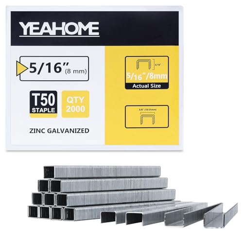YEAHOME Heavy Duty Staples, 2000 Counts 5/16 inch T50 Staples, 20 Gauge Galvanized 3/8 Inch Crown Upholstery Staple for Pneumatic, Electric T50 Staple Gun