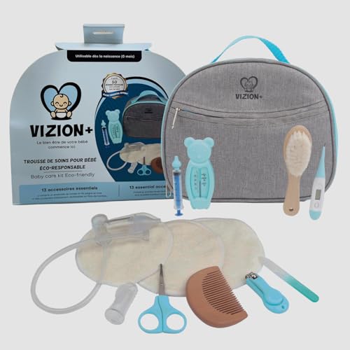 VIZION+ Trousse de Soin bébé – Kit Naissance Complet – 13 Accessoires dont Brosse et Peigne en Bois – Coussinets d’Allaitement en Bambou – Guide Parents...