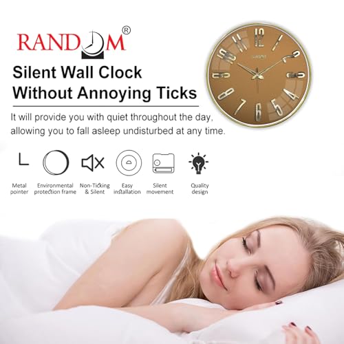 Image of RANDOM Silent Wall Clock, Non-Ticking Quartz Movement, Foiling Ring and 3D Numbers (Brown)
