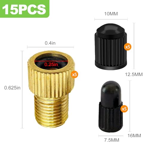 Image of Brass Presta Valve Adapter (Pack of 5 + 10 Caps) - Converts Presta to Schrader for Bicycle, e-Bike, e-Scooter Tires - Use with Standard Pump or Compressor - Bike Valve Adapter Kit
