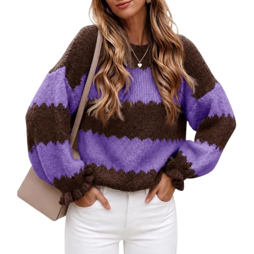 Striped Sweater Women Color Block Ruffle Long Sleeve Cute Fall Sweaters - image 1