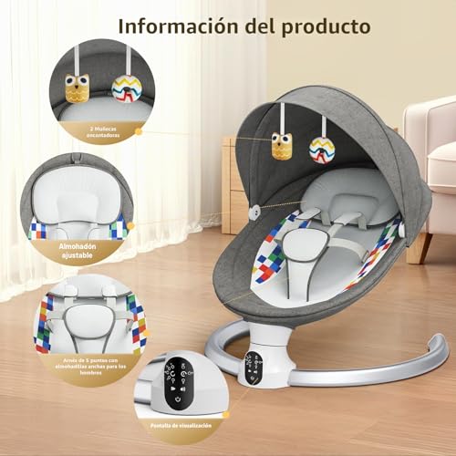 Miniatura 4 de Kotsy Bouncer Eléctrico Para Bebés Con 5 Amplitudes De Swing Temporizador De 3 Etapas, Silla De Gorila Para Bebés Con Control De Bluetooth Y Control Remoto, 12 Canciones De Cuna Preestablecidas