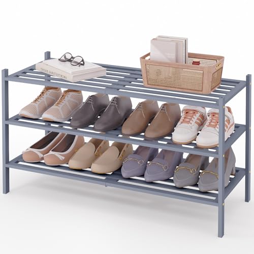 Image of Smiry Bamboo Shoe Rack, 5 Horizontal Slats, 3 Tier - 33.9 inch Wide, Grey