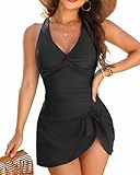 Tempt Me Women Black One Piece Swimdress - Tummy Control Swimsuit with Skirt Twist Front Bathing Suits 2025 Swimwear L