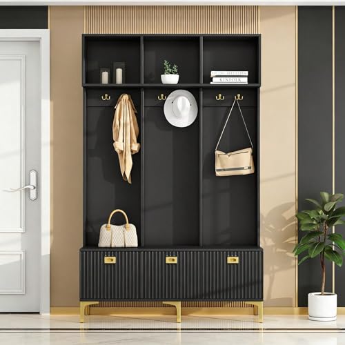 Sairedel Banco de almacenamiento multifuncional, espacio abierto, 6 pateras doradas, patas doradas, dimensiones 120 × 40 × 191,5 cm, ideal para pasillo y salón