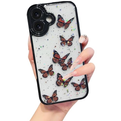 Image of VONZEE for iPhone 16 Clear Glitter Butterfly Case, Cute Bling Sparkle Shiny Soft TPU Bumper Shockproof Women Girls Slim Protective Phone Cover for iPhone 16 6.1 inch,Black