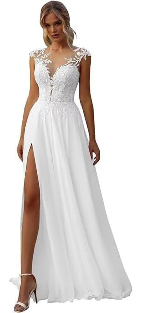Abito da Sposa Abiti da Sposa Manica Lunga Scollatura a V Ufficio Civile Moda Sposa Abiti da Sposa, Bianco 16, 50
