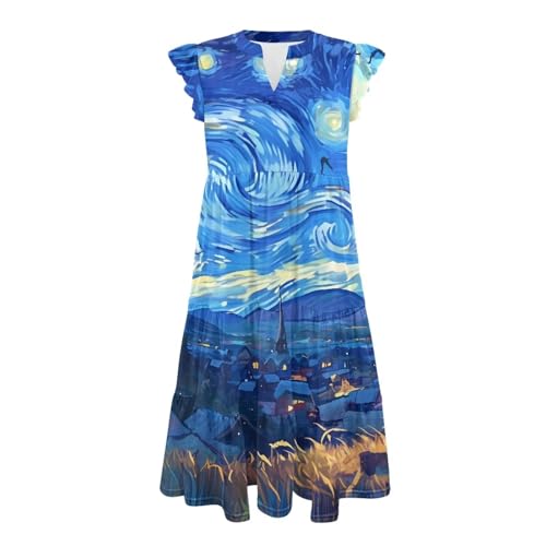 Image of Women's Casual Ruffle Sleeve Dress V Neck Pullover Dress Flowy A-Line Pleated Lightweight Dress with Pockets