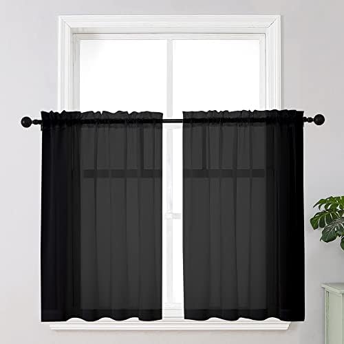 Simplebrand Black Short Sheer Kitchen Curtains 36 inch Length Tier Curtains Rod Pocket Sheers Cafe Curtains Sheer Drapes Half Window Curtain for Bathroom Small Windows 42 X 36 Inch, 2 Panels