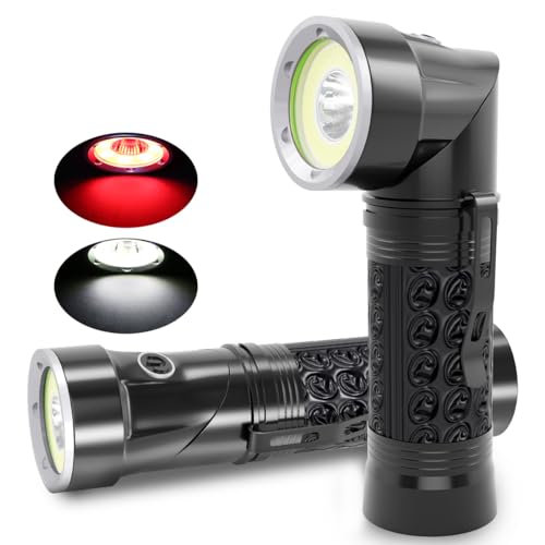 WholeFire T6+COB LED Magnetic Torch 2 Color Lights (Red & White) 4 Modes Rotation Work Light Rechargeable Portable Handheld LED Torches for Dog Walking Hiking Emergency