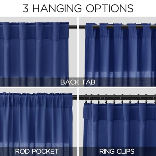 Image of Classic Blue Linen Curtains 84 Inch Length 2 Panels Set for Living Room Rod Pocket Back Tab Light Filtering Window Drapes for Bedroom Dining Room Protect Privacy Modern Farmhouse Decor 52x84