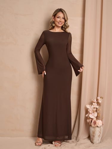 Eynmin Long Sleeve Maxi Dress Backless Tie Bodycon Mesh 2025 Fall Formal Wedding Guest Dresses For Women Brown #TOP7