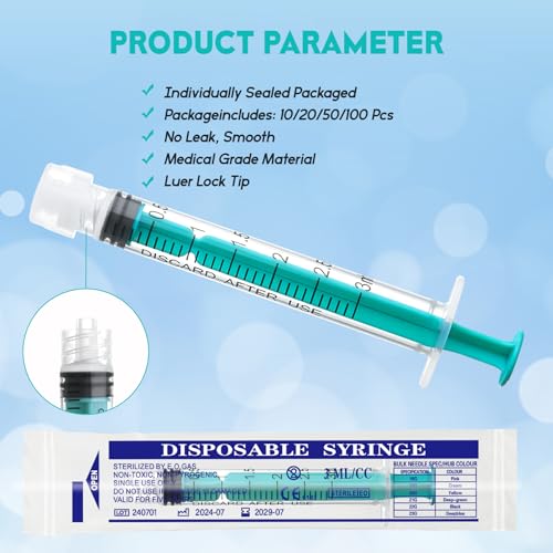 Image of 3ml Syringe Without Needle Luer Lock Syringes with Cap, Sterile, 20 Pack