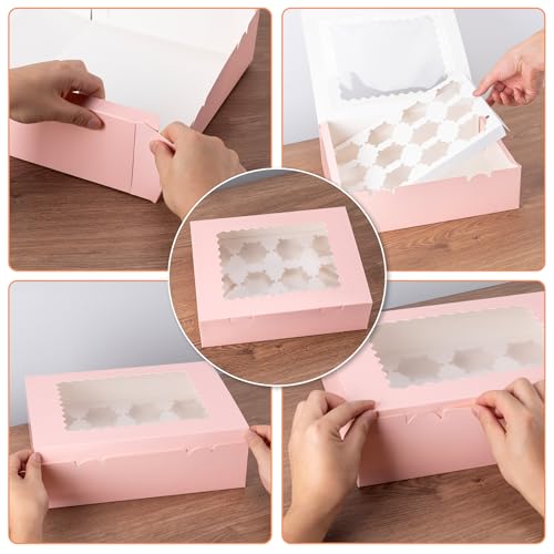 Image of Hoewina 12PCS Cupcake Boxes - Hold 12 Count Cupcake Containers with Window, Food Grade Cupcake Holder Easy Transport and Presentation - Ideal for Cupcakes, Desserts, and More (Pink)