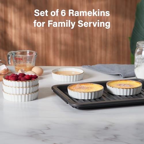 ONEMORE Ramekins 8 oz, Creme Brulee Ramekins Oven Safe for Baking 5.5 inch Ceramic Shallow Ramekins & Soufflé Dishes Rustic Fluted Ramekin Set of 6 Quiche Baking Dish Mini Tart Pans with Brown Rim