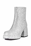 Latsiwatfl Sparkly Glitter Boots For Women,Sparkle Platform Chunky Heel Ankle Boots,Cute Sequin Gogo Booties Side Zipper Boots Party Dress Office Silver Boots US Size 10.5