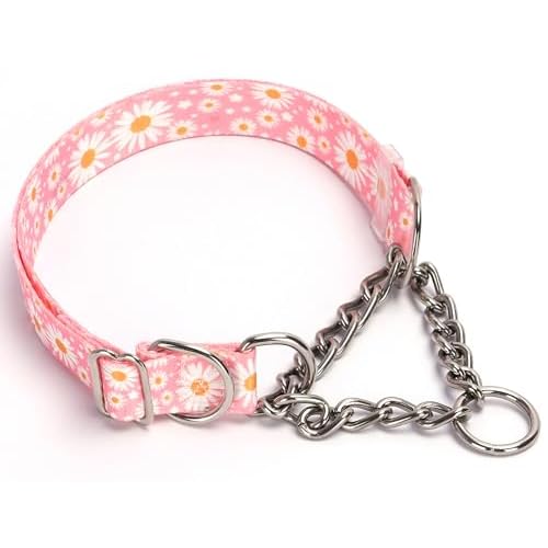 Martingale Collar for Dogs with Steel Chain, No Choke Dog Collar with Pink Daisy Flower Design, Adjustable No Pull Training Collar, Perfect for Training, Walking, Hunting, Sizing for All Bre