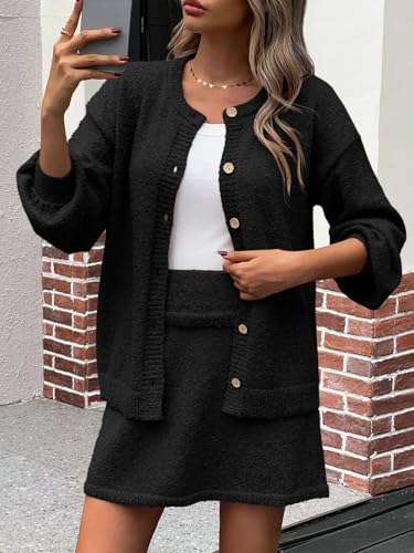 Image of Tankaneo 2 Piece Sweater Sets for Women Long Sleeve Cardigan Outfits Mini Skirts Knit Matching Lounge Set
