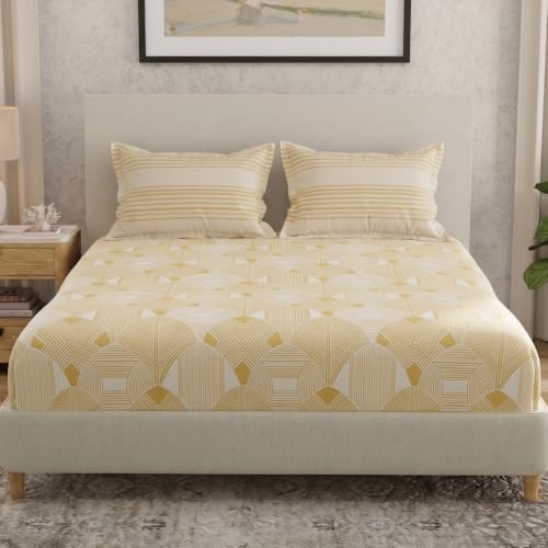 Image of Huesland by Ahmedabad Cotton 144 TC Double Bedsheet Cotton with 2 Pillow Covers | Mustard Yellow & Dark Cream