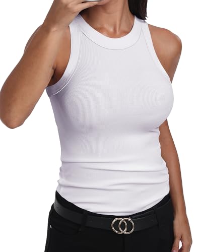 GEMBERA Womens Sleeveless Racerback High Neck Basic Ribbed Knit Fitted Tank Top White M