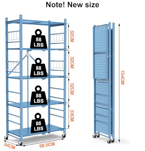 Image of Himix 5-Tier Foldable Storage Shelves with 20 Hooks Wheels Garage Blue