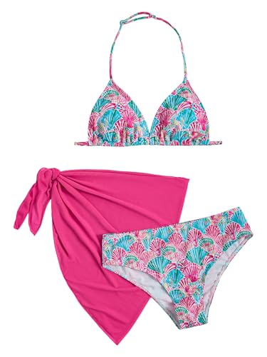 Image of SOLY HUX Girl's Summer Swimsuit Set Floral Halter Triangle Bikini Set with Wrap Skirts Beachwear