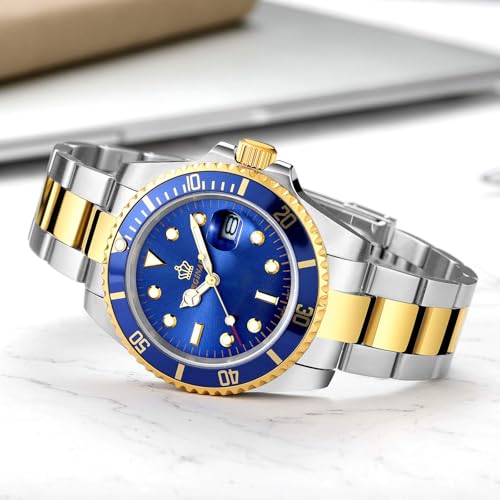 FANMIS Mens Luxury Watches Rotatable Bezel Sapphire Glass Luminous Quartz Silver Gold Two Tone Stainless Steel Watch