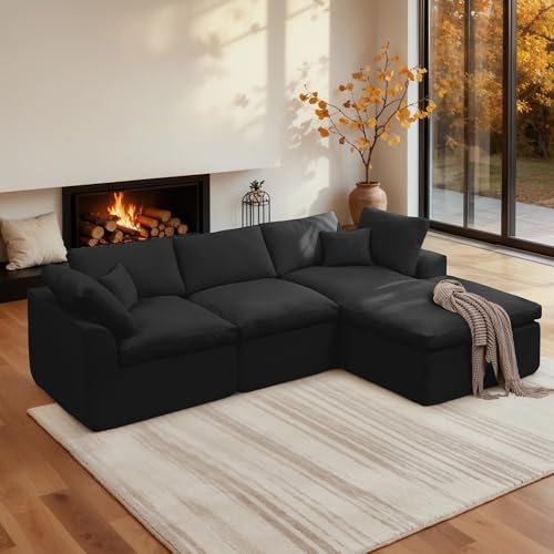 Korser 110 Cloud Sectional Couches for Living Room Modern Modular Sectional Sofa with Ottoman Boneless Cloud Couch with Comfy Deep Seats Fluffy Chenille L-Shape Sofa Couch for Living Room Black