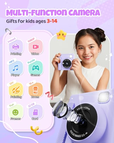 Image of TIATUA Kids Instant Print Camera, 1080P HD Video Digital Toy, Purple | Includes 32GB Card, 3 Rolls Paper & 5 Coloured Pens, Inkless Print, Christmas Birthday Toy Gift for Kids 3-14